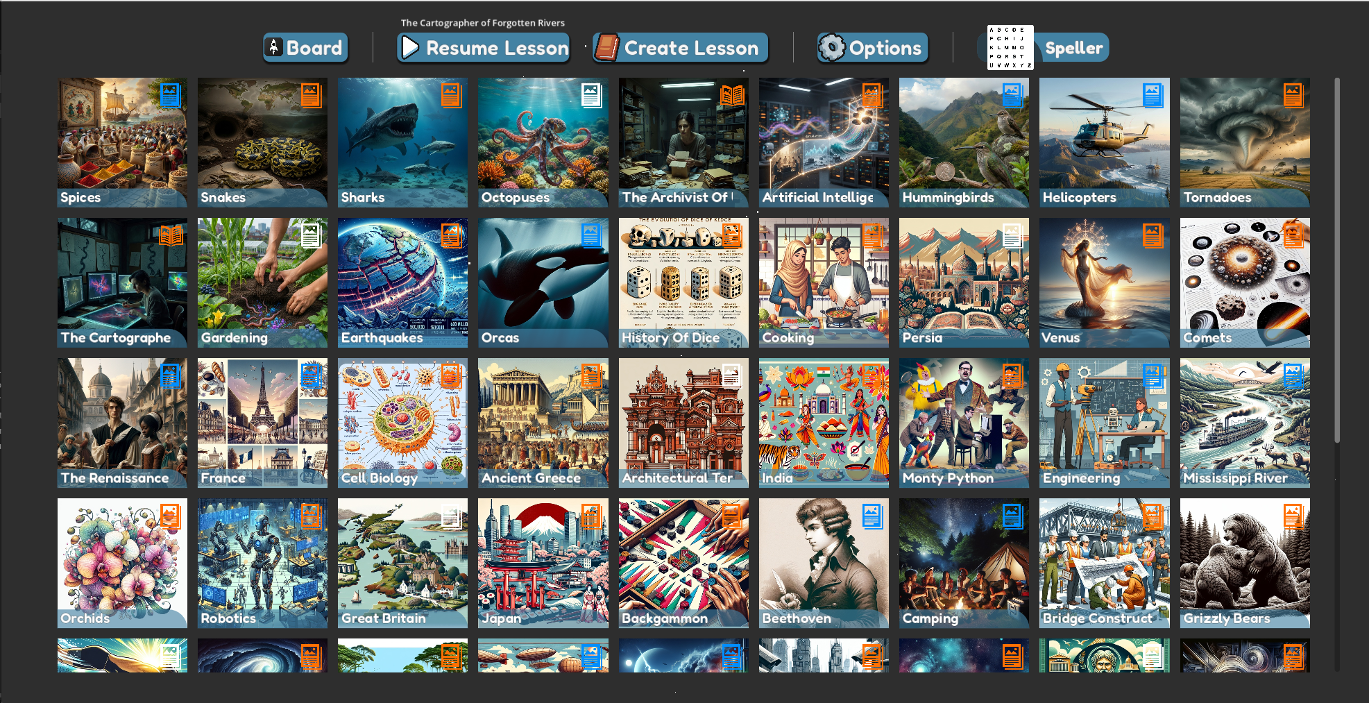 A screenshot showing the main menu with many lessons