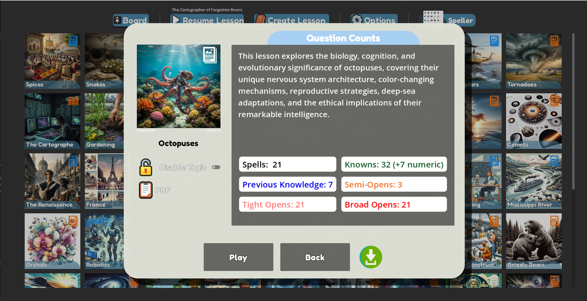 A screenshot showing a lesson about octopuses